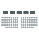 7 rows with spaced chairs. Aisle down the center. First row has 7 chairs on each side leaving space at ends for wheelchairs/walkers. All others have 9 chairs on each side. 122 chairs in total.