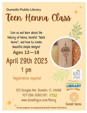 Teen Henna Class flyer, Ages 12 - 18, Parental waiver required.