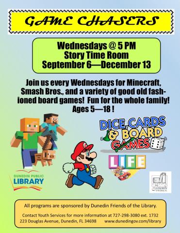 Game Chaser weekly gaming program for youth and teens.  Included Switch games such as Smash Bros., Minecraft, Roblox, and a variety of board games.  Fun for all!