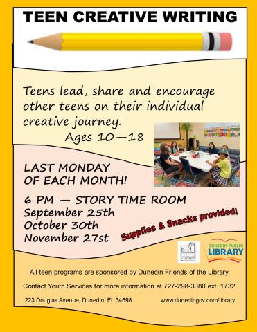 Teen Creative Writing: Teens lead share and encourage other teens on their individual creative journey.