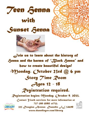 Teen Henna Program for ages 12 - 18.  
