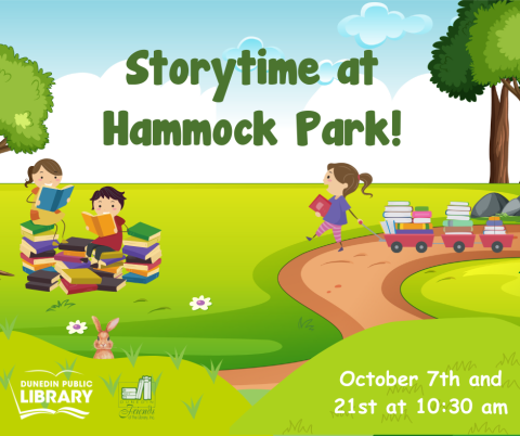 Storytime at Hammock Park, images of children reading in the park