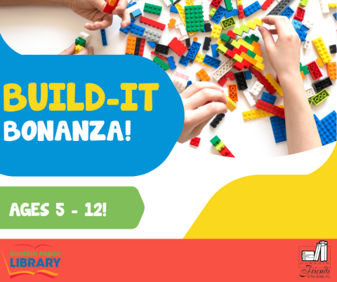 Kids hands sorting through Lego pieces with text