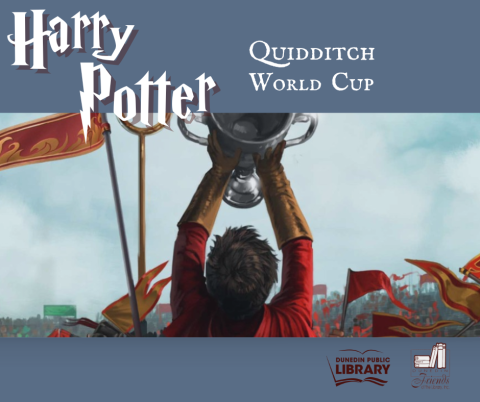 Quidditch cup held up by faceless boy, with text