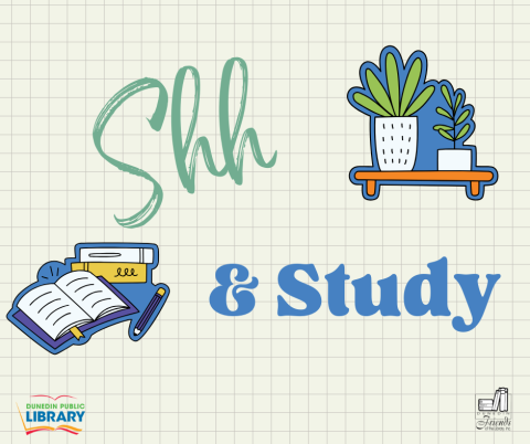 Plant on a shelf, open book and text