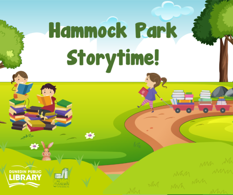 Children in a park reading and bringing books in on a wagon with text