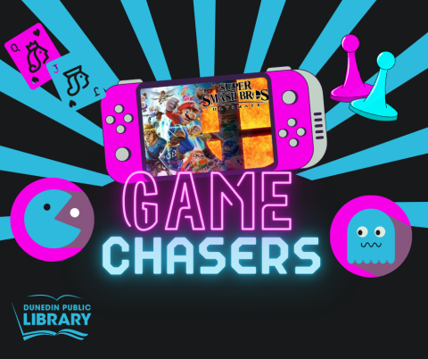 Video game images in teal and pink colors with text