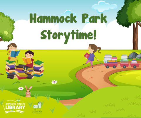 Children in a park reading and bringing books in on a wagon with text