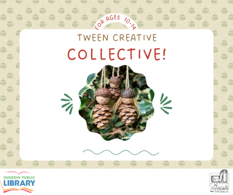 Ornaments out of acorns and pinecones, with text