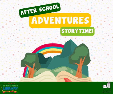 Text with a book open to a forest and rainbow