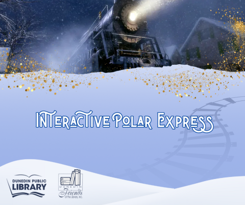 Picture of the polar express, snow, and text