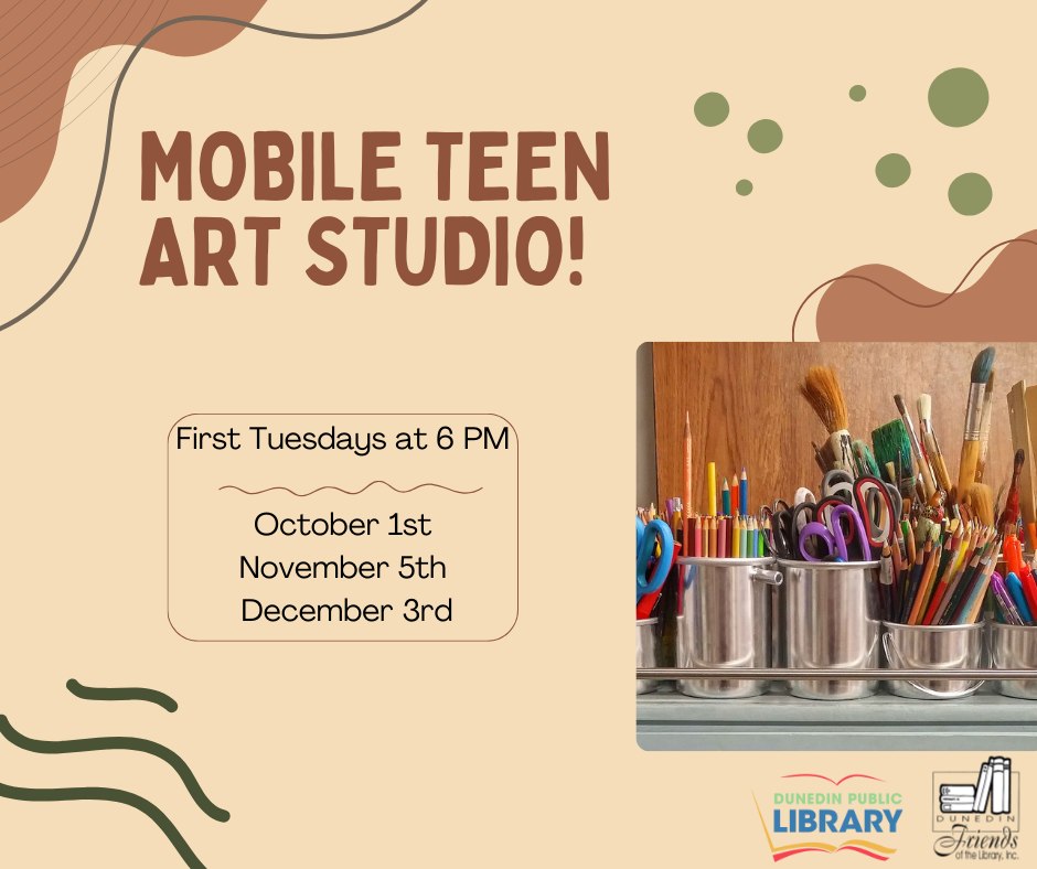 Mobile Teen Art Studio, images of art supplies, dates of events