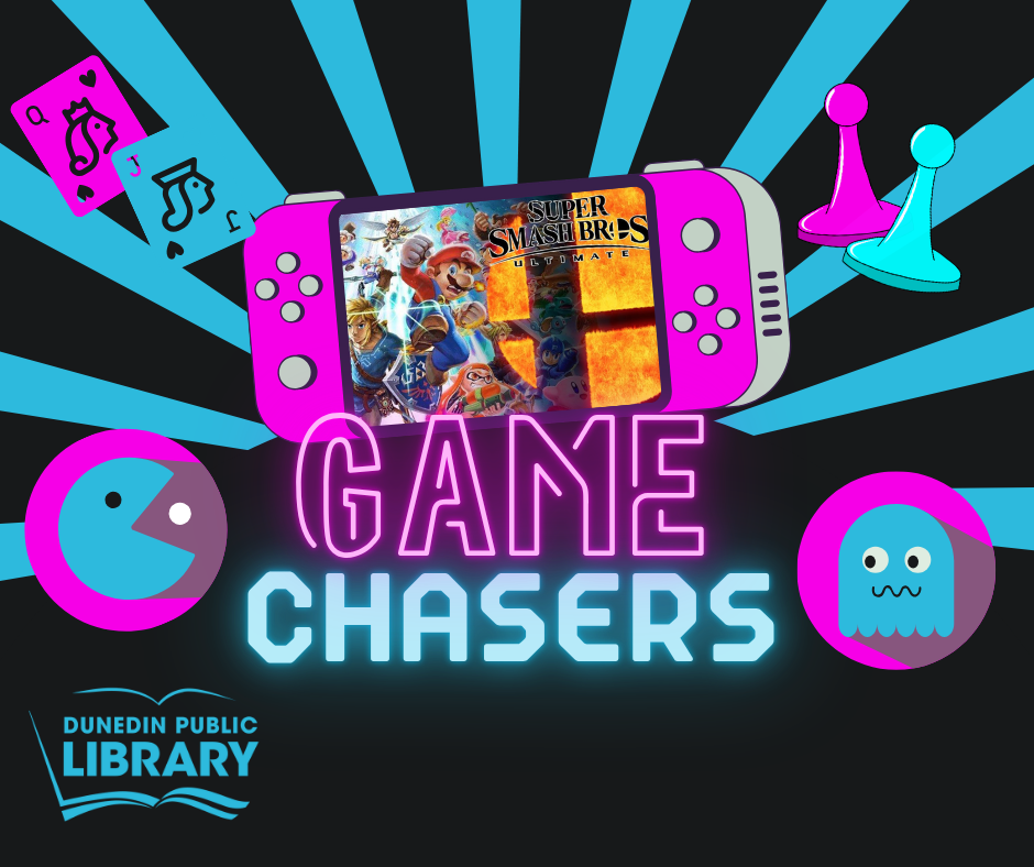 Video game images in teal and pink colors with text