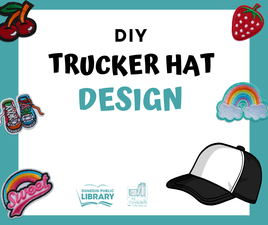 Black and white trucker hat surrounded by colorful patches, with text