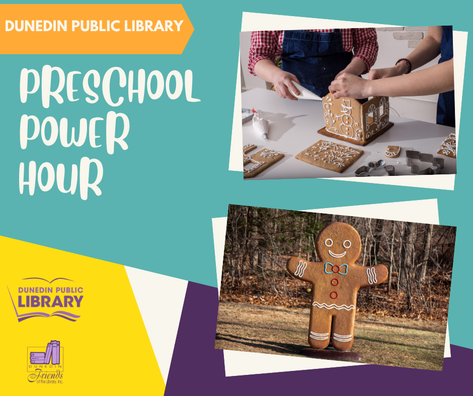 Text with pictures of a gingerbread man and kids building a gingerbread house