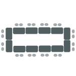 12 tables with 24 chairs set up in a rectangle.