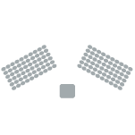 Semi-Circle with spaced chairs.  Aisle down the center. 10 Chairs on each side. 3 rows. 60 chairs total. Podium at front. 